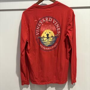 Vineyard Vines Shirt Mens Small Red Long Sleeve Dog Graphic Pocket Outdoor 2021